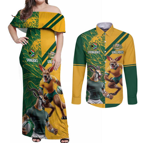 Personalized Rugby South Africa Australia Couples Matching Off Shoulder Maxi Dress and Long Sleeve Button Shirt Springboks Wallabies Mascot Go Champions - Aussie Hoodie