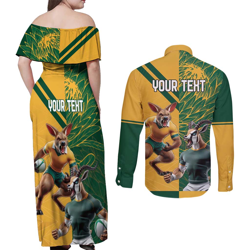Personalized Rugby South Africa Australia Couples Matching Off Shoulder Maxi Dress and Long Sleeve Button Shirt Springboks Wallabies Mascot Go Champions - Aussie Hoodie