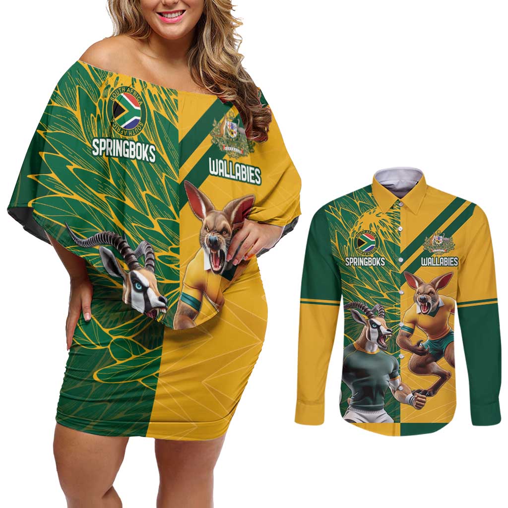 Personalized Rugby South Africa Australia Couples Matching Off Shoulder Short Dress and Long Sleeve Button Shirt Springboks Wallabies Mascot Go Champions - Aussie Hoodie