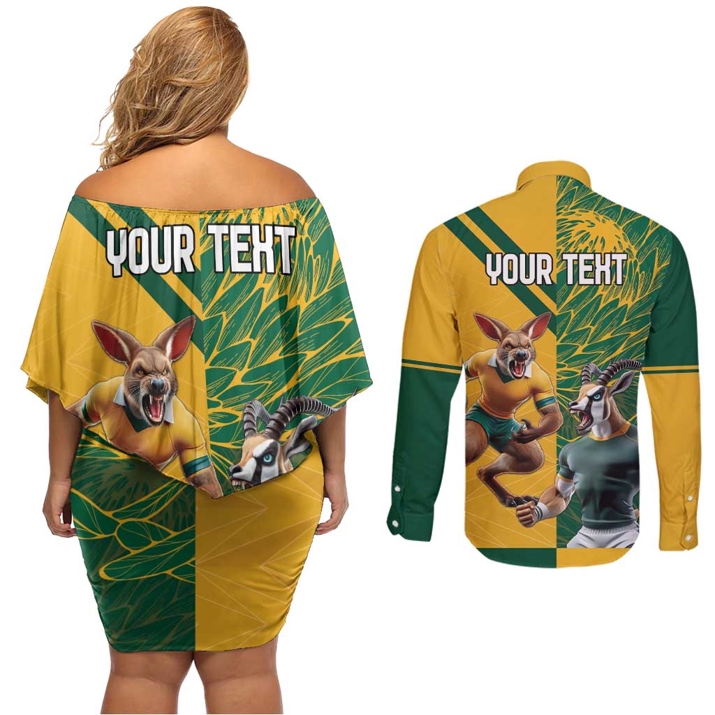 Personalized Rugby South Africa Australia Couples Matching Off Shoulder Short Dress and Long Sleeve Button Shirt Springboks Wallabies Mascot Go Champions - Aussie Hoodie