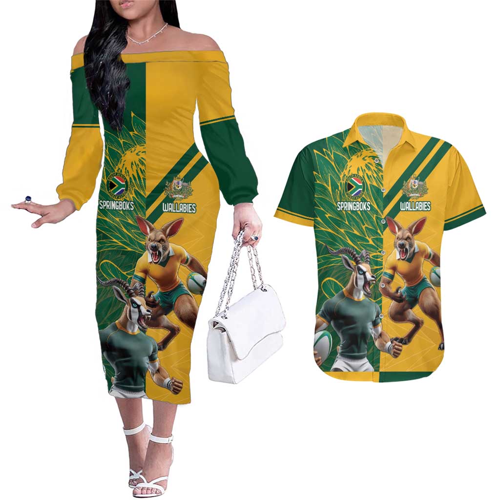 Personalized Rugby South Africa Australia Couples Matching Off The Shoulder Long Sleeve Dress and Hawaiian Shirt Springboks Wallabies Mascot Go Champions - Aussie Hoodie