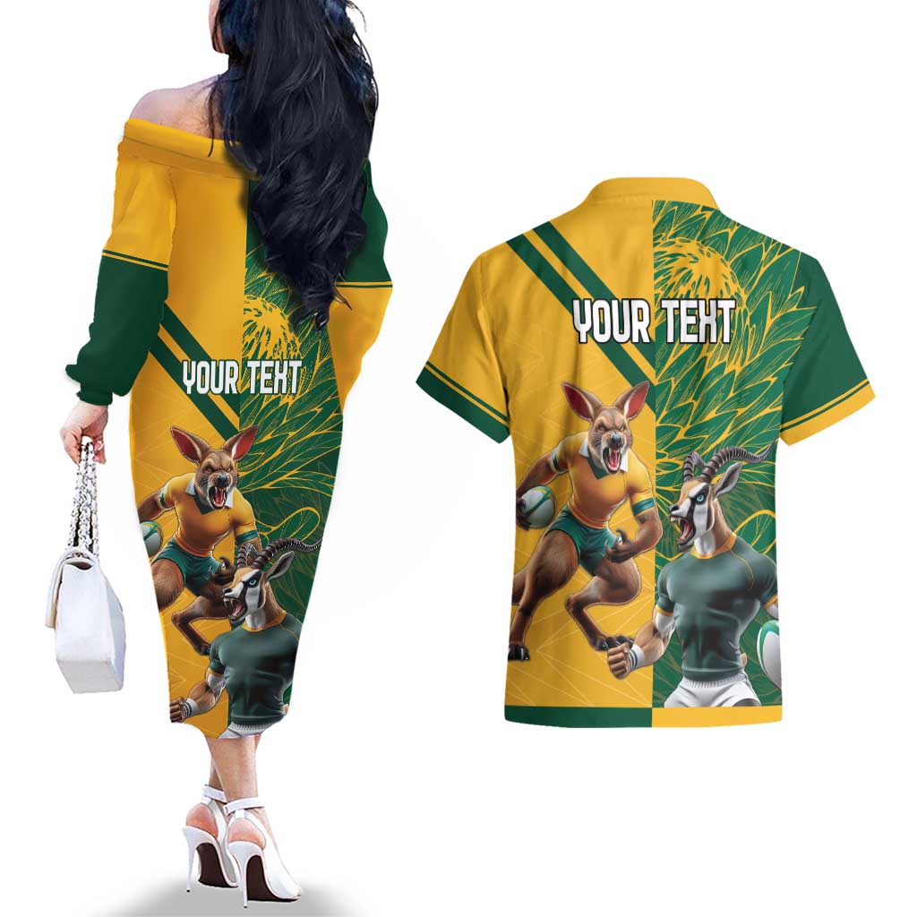 Personalized Rugby South Africa Australia Couples Matching Off The Shoulder Long Sleeve Dress and Hawaiian Shirt Springboks Wallabies Mascot Go Champions - Aussie Hoodie