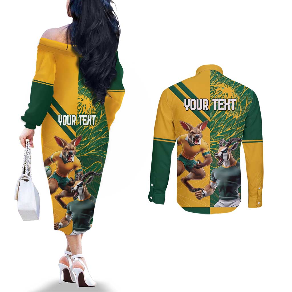 Personalized Rugby South Africa Australia Couples Matching Off The Shoulder Long Sleeve Dress and Long Sleeve Button Shirt Springboks Wallabies Mascot Go Champions - Aussie Hoodie