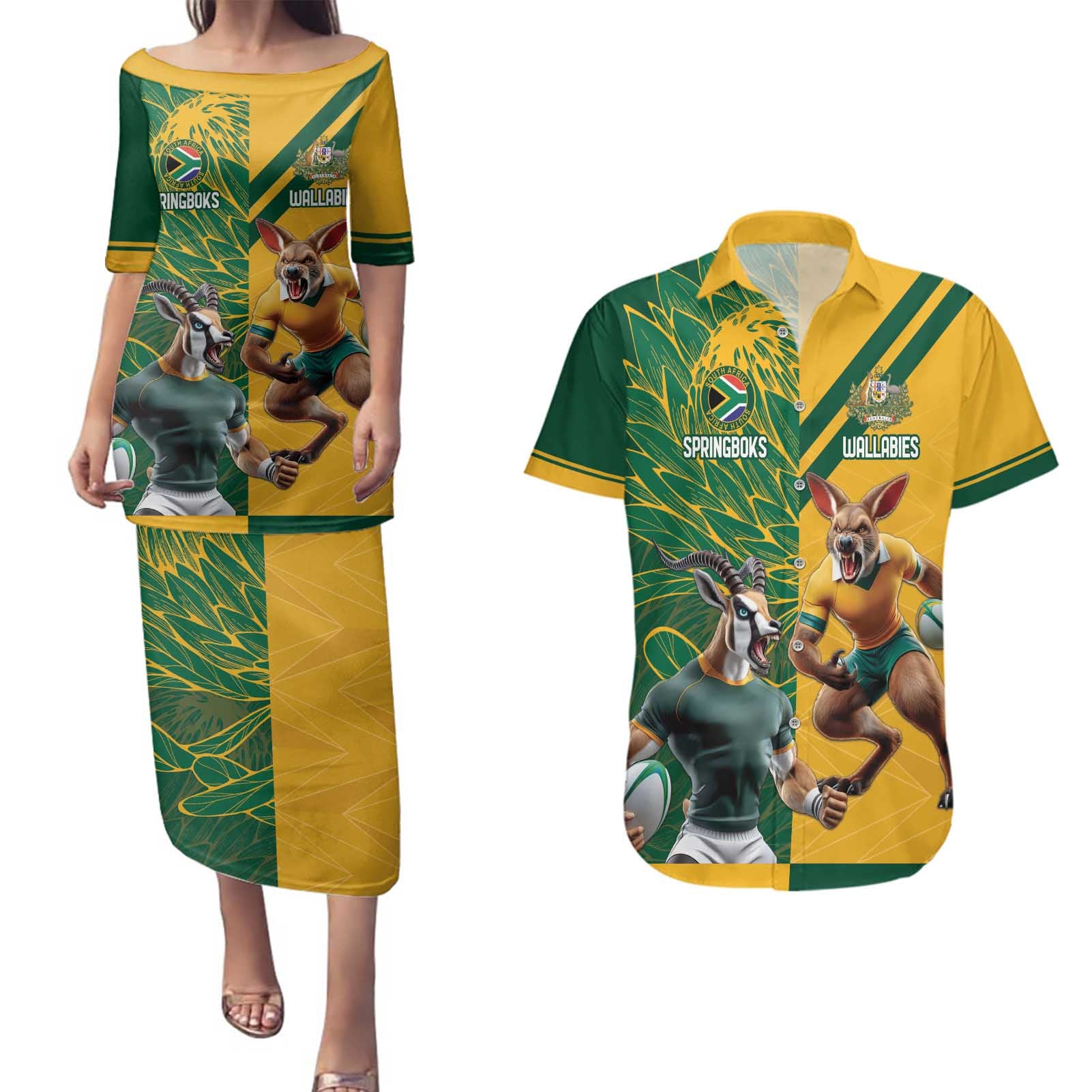 Personalized Rugby South Africa Australia Couples Matching Puletasi and Hawaiian Shirt Springboks Wallabies Mascot Go Champions - Aussie Hoodie