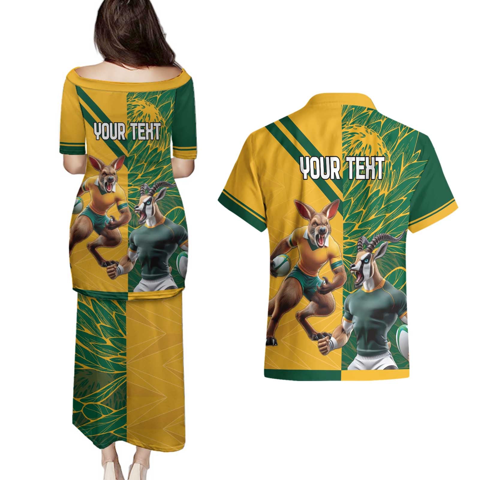 Personalized Rugby South Africa Australia Couples Matching Puletasi and Hawaiian Shirt Springboks Wallabies Mascot Go Champions - Aussie Hoodie