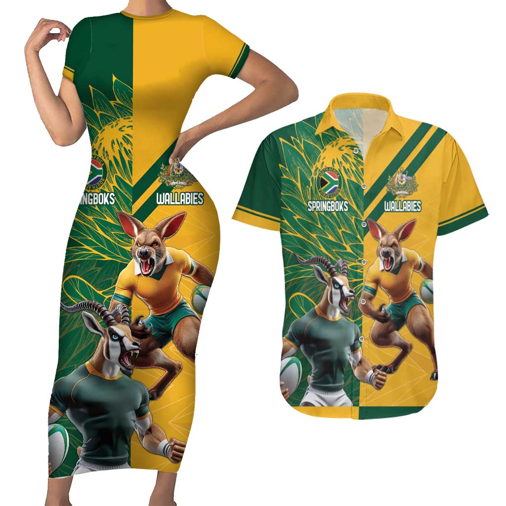 Personalized Rugby South Africa Australia Couples Matching Short Sleeve Bodycon Dress and Hawaiian Shirt Springboks Wallabies Mascot Go Champions - Aussie Hoodie