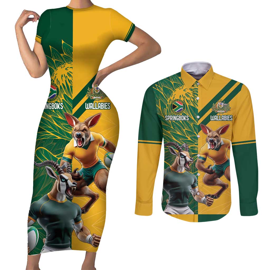 Personalized Rugby South Africa Australia Couples Matching Short Sleeve Bodycon Dress and Long Sleeve Button Shirt Springboks Wallabies Mascot Go Champions - Aussie Hoodie