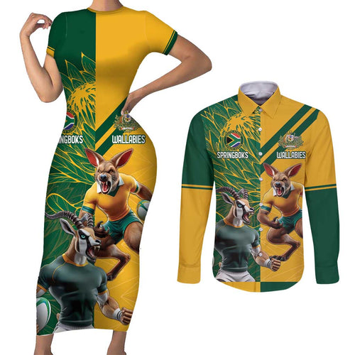 Personalized Rugby South Africa Australia Couples Matching Short Sleeve Bodycon Dress and Long Sleeve Button Shirt Springboks Wallabies Mascot Go Champions - Aussie Hoodie