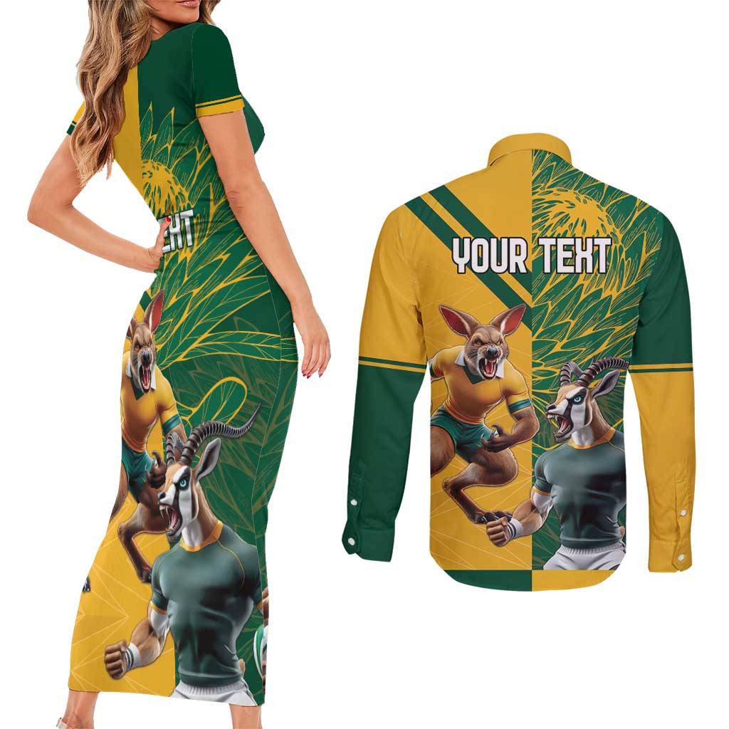 Personalized Rugby South Africa Australia Couples Matching Short Sleeve Bodycon Dress and Long Sleeve Button Shirt Springboks Wallabies Mascot Go Champions - Aussie Hoodie