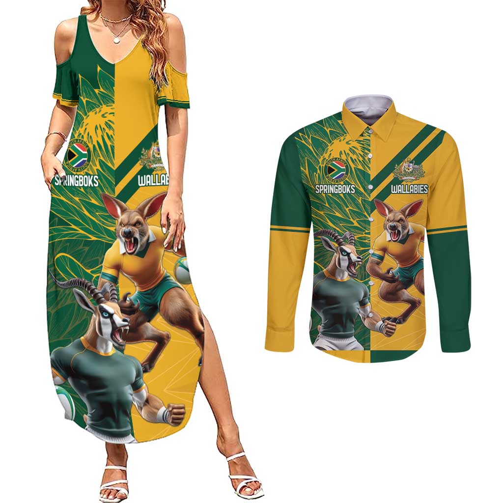Personalized Rugby South Africa Australia Couples Matching Summer Maxi Dress and Long Sleeve Button Shirt Springboks Wallabies Mascot Go Champions - Aussie Hoodie
