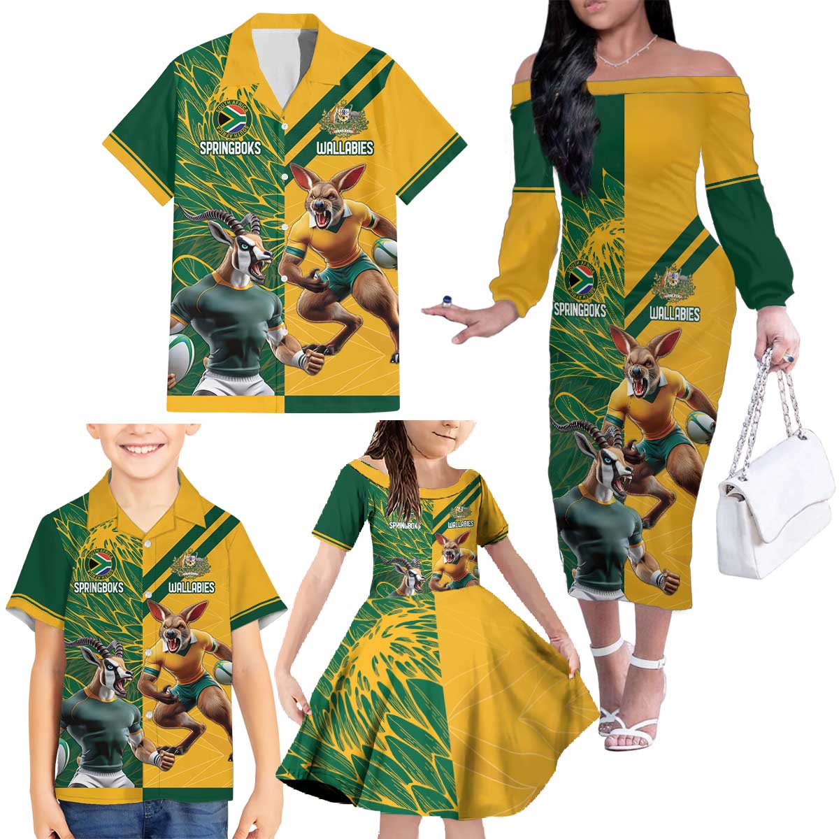 Personalized Rugby South Africa Australia Family Matching Off The Shoulder Long Sleeve Dress and Hawaiian Shirt Springboks Wallabies Mascot Go Champions - Aussie Hoodie