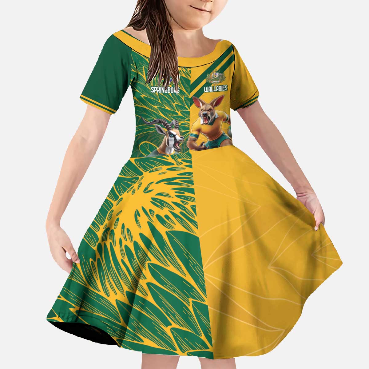 Personalized Rugby South Africa Australia Family Matching Off The Shoulder Long Sleeve Dress and Hawaiian Shirt Springboks Wallabies Mascot Go Champions - Aussie Hoodie