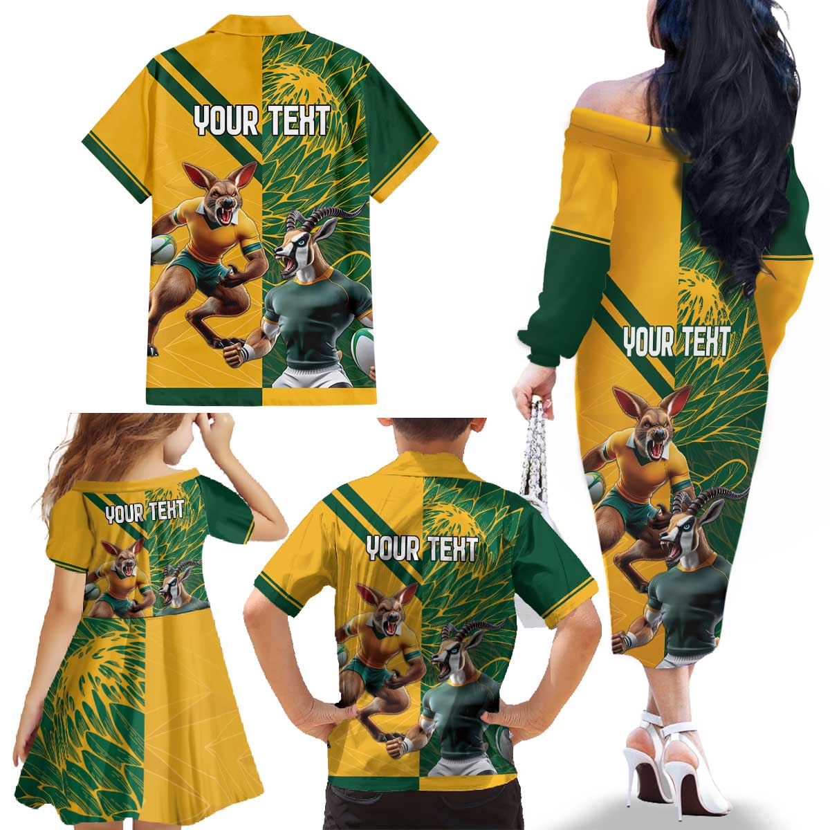 Personalized Rugby South Africa Australia Family Matching Off The Shoulder Long Sleeve Dress and Hawaiian Shirt Springboks Wallabies Mascot Go Champions - Aussie Hoodie