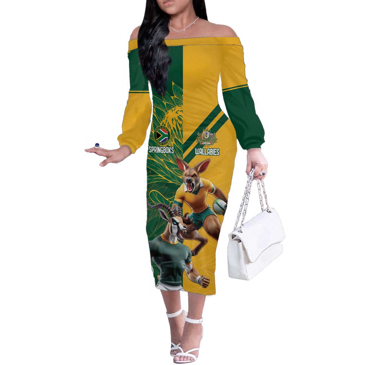 Personalized Rugby South Africa Australia Family Matching Off The Shoulder Long Sleeve Dress and Hawaiian Shirt Springboks Wallabies Mascot Go Champions - Aussie Hoodie