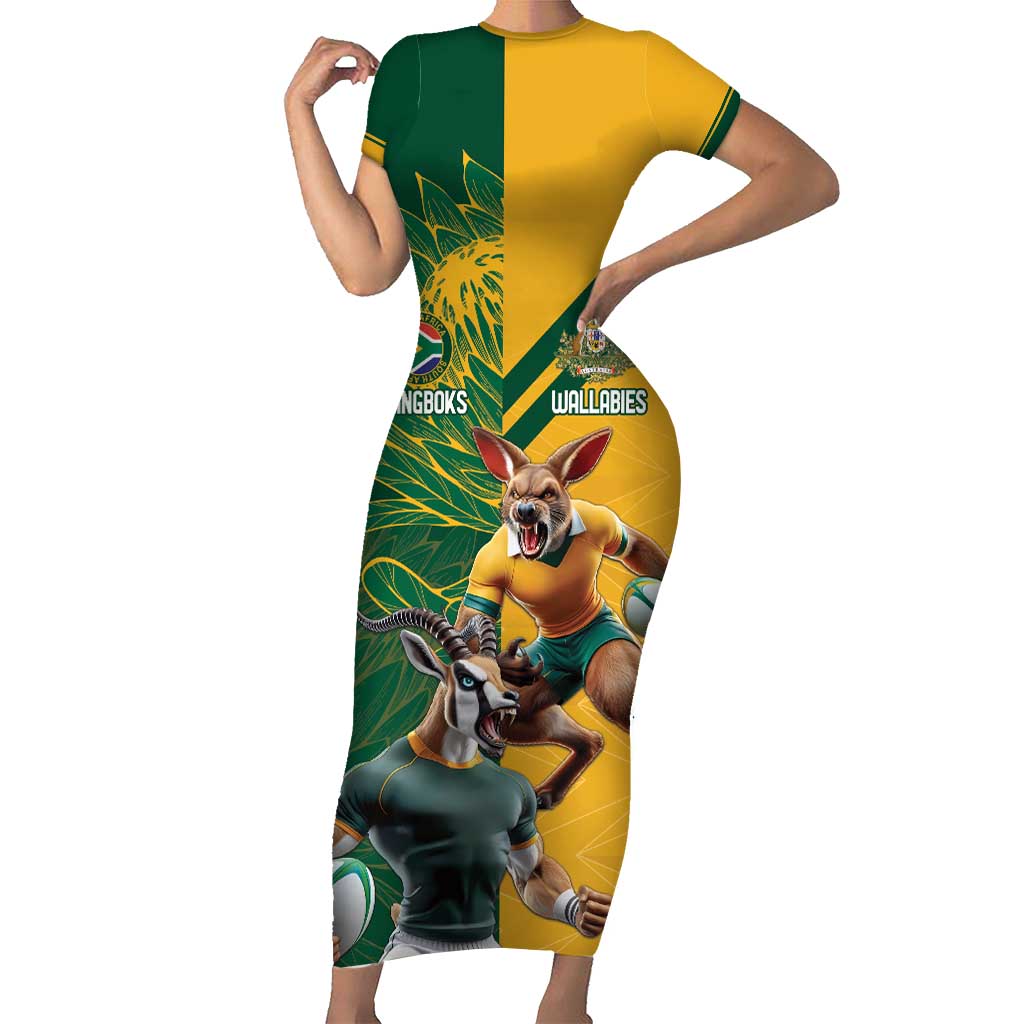 Personalized Rugby South Africa Australia Short Sleeve Bodycon Dress Springboks Wallabies Mascot Go Champions - Aussie Hoodie