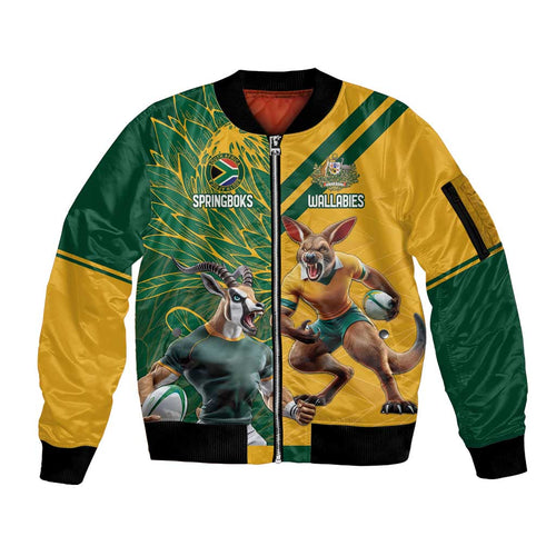 Personalized Rugby South Africa Australia Sleeve Zip Bomber Jacket Springboks Wallabies Mascot Go Champions - Aussie Hoodie