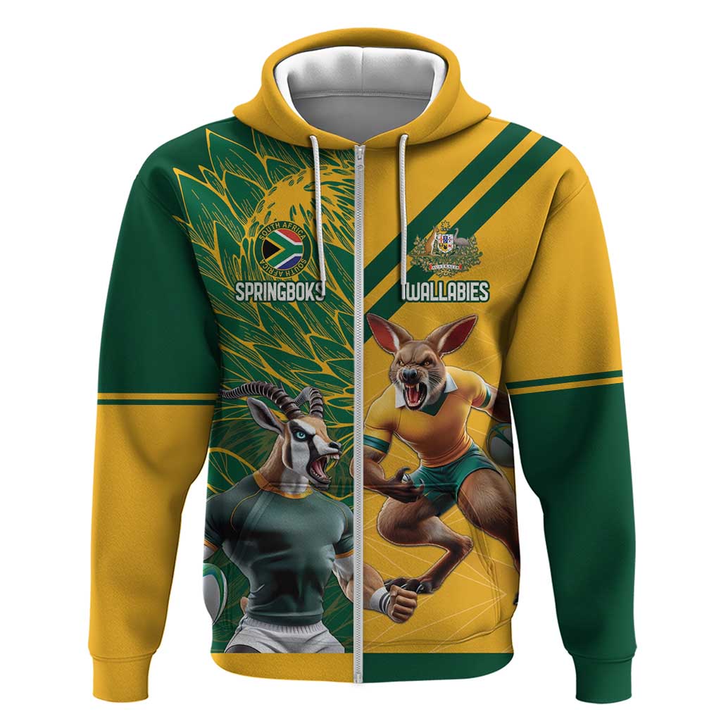 Personalized Rugby South Africa Australia Zip Hoodie Springboks Wallabies Mascot Go Champions - Aussie Hoodie