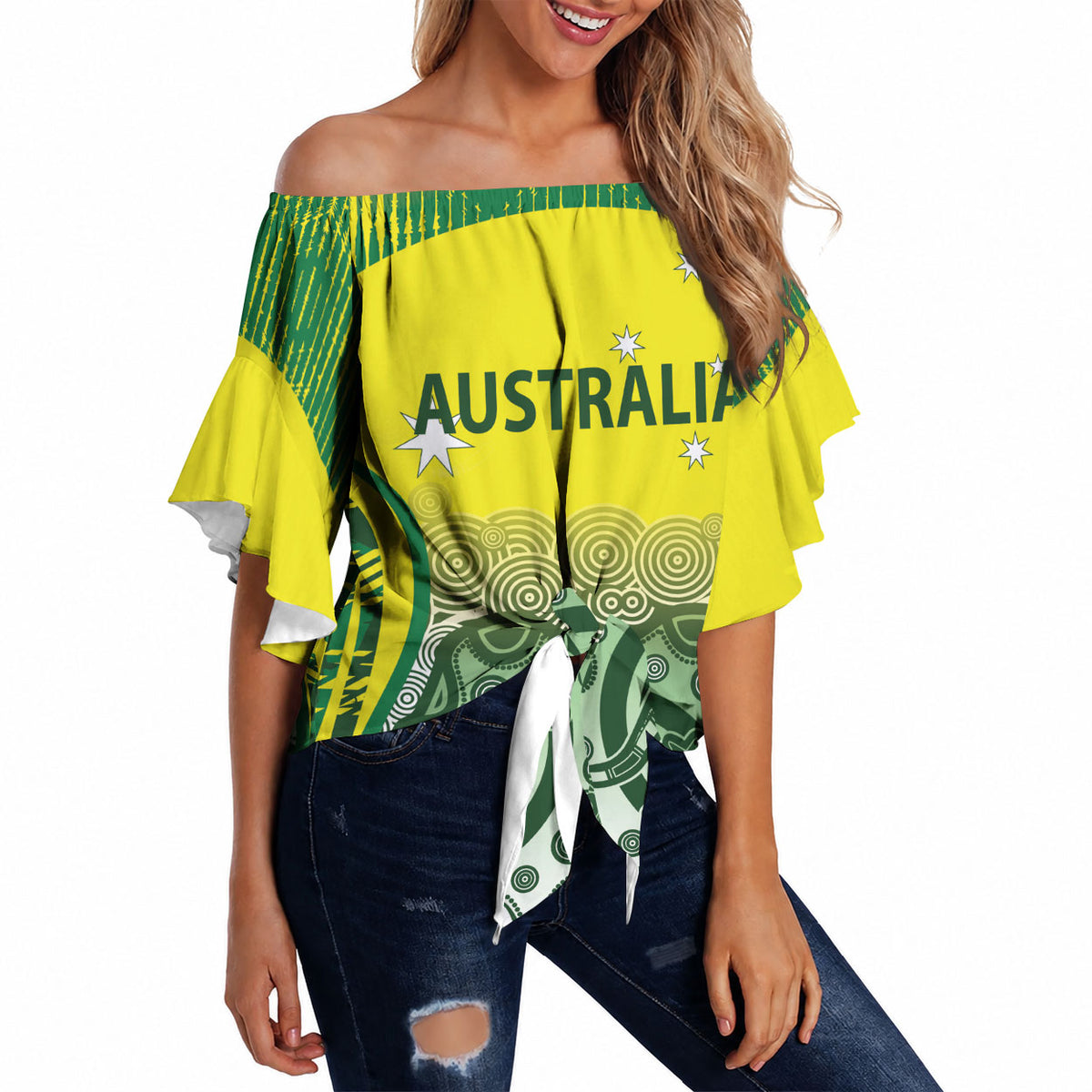 Custom Australia Cricket Off Shoulder Wrap Waist Top Aboriginal Kangaroo Southern Cross