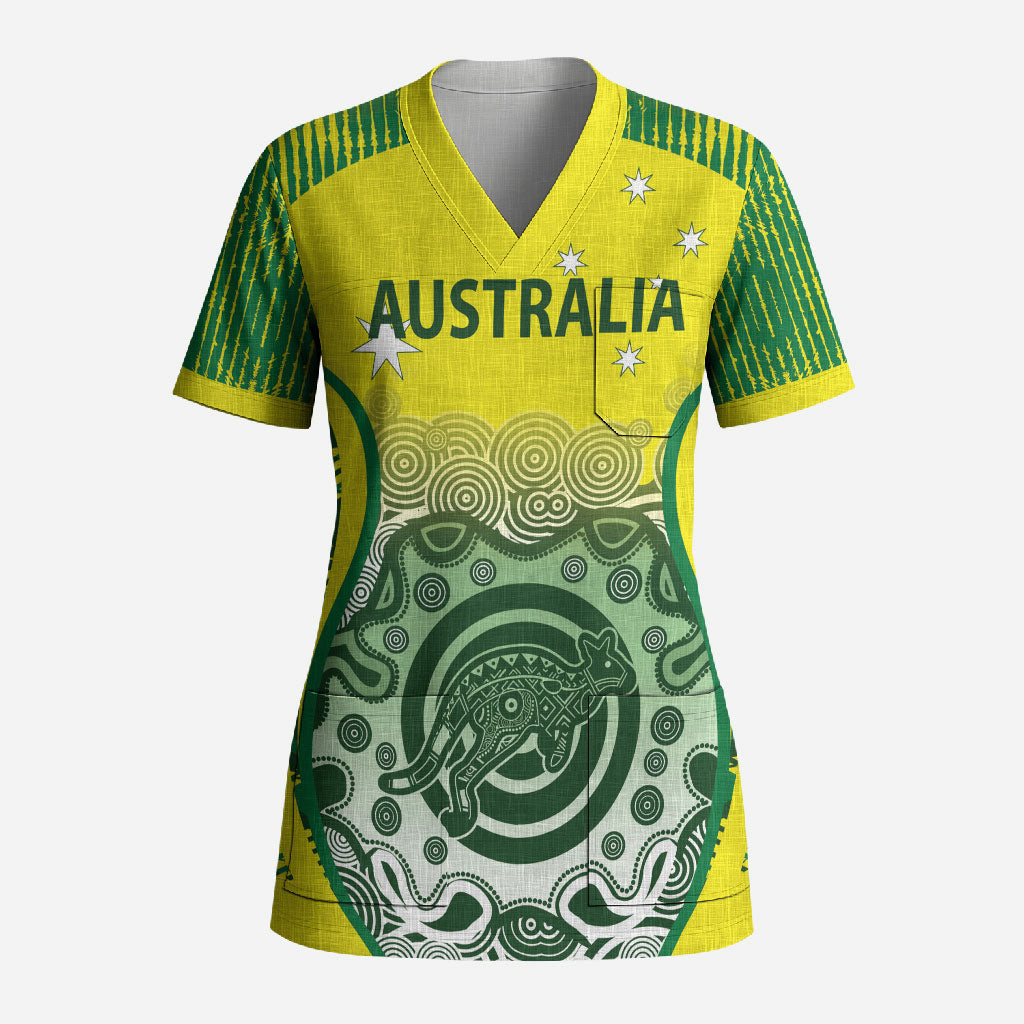 Custom Australia Cricket Scrub Top Aboriginal Kangaroo Southern Cross