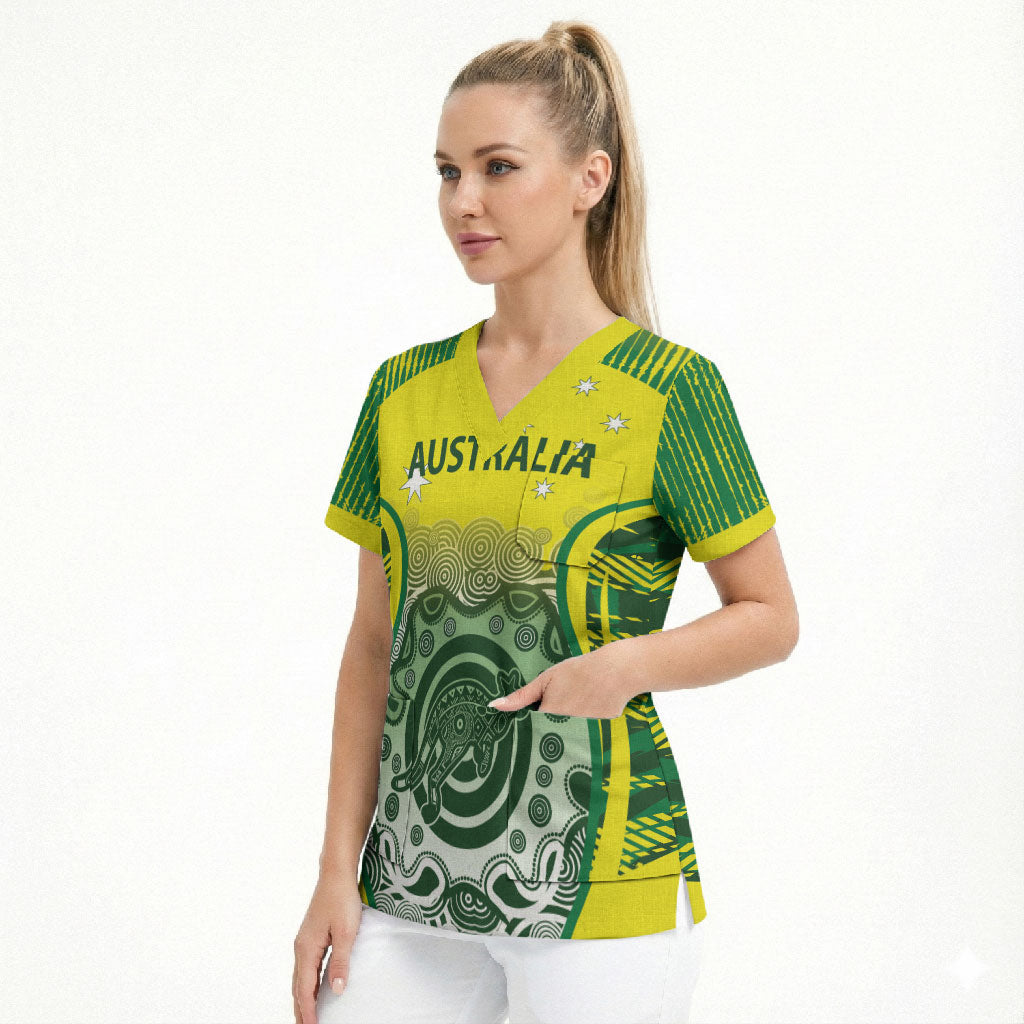 Custom Australia Cricket Scrub Top Aboriginal Kangaroo Southern Cross