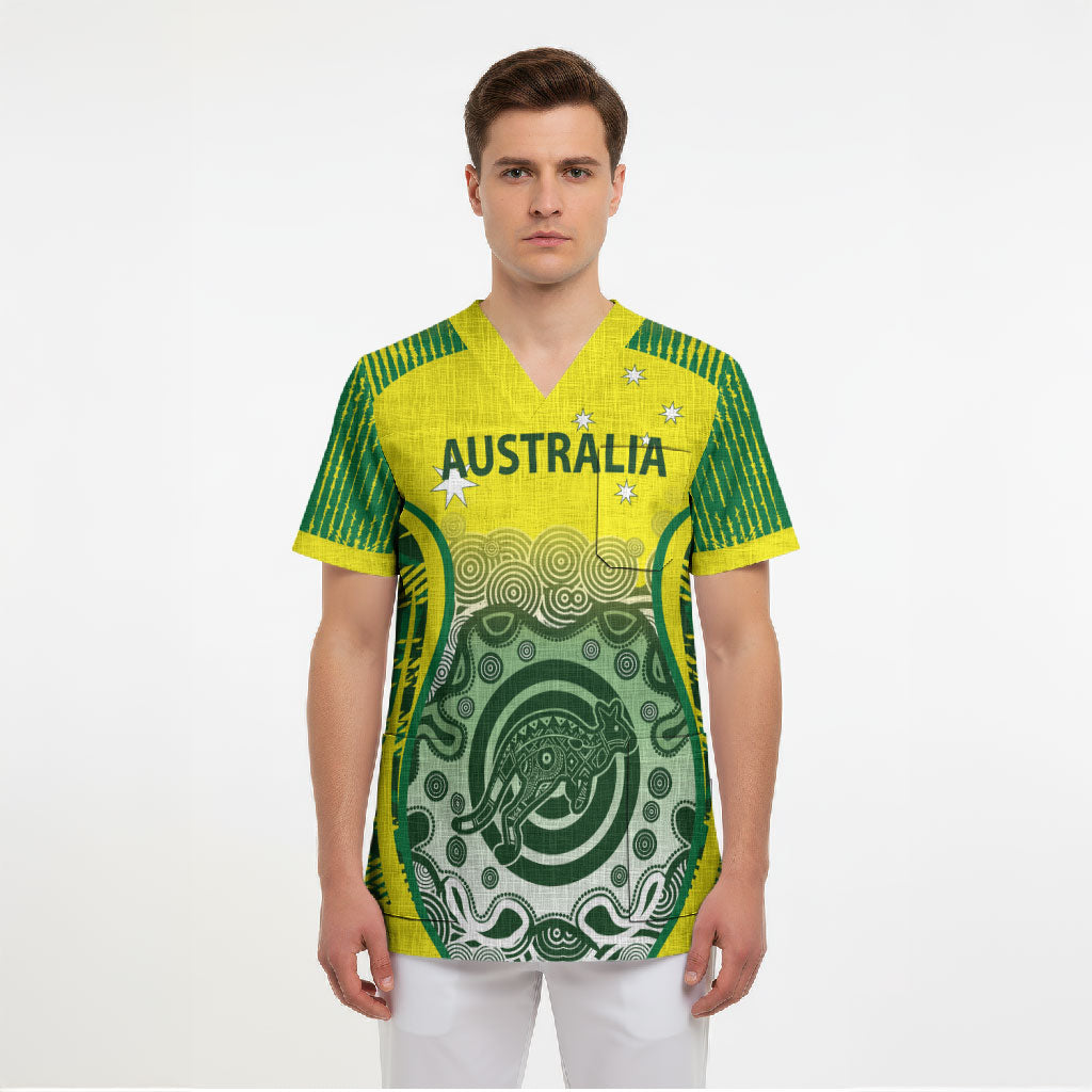 Custom Australia Cricket Scrub Top Aboriginal Kangaroo Southern Cross