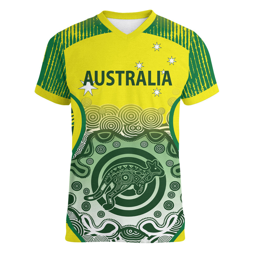 Custom Australia Cricket Women V-Neck T-Shirt Aboriginal Kangaroo Southern Cross