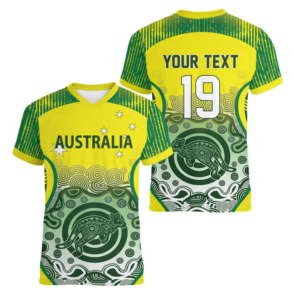 Custom Australia Cricket Women V-Neck T-Shirt Aboriginal Kangaroo Southern Cross