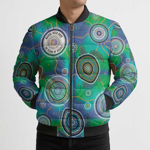 NAIDOC 50 Years of Deadly Bomber Puffer Jacket Sea Turtle Aboriginal Dot Art