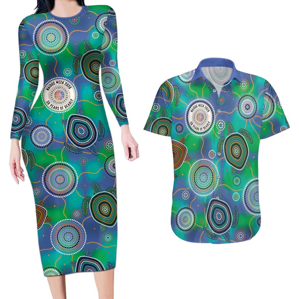 NAIDOC 50 Years of Deadly Couples Matching Long Sleeve Bodycon Dress and Hawaiian Shirt Sea Turtle Aboriginal Dot Art