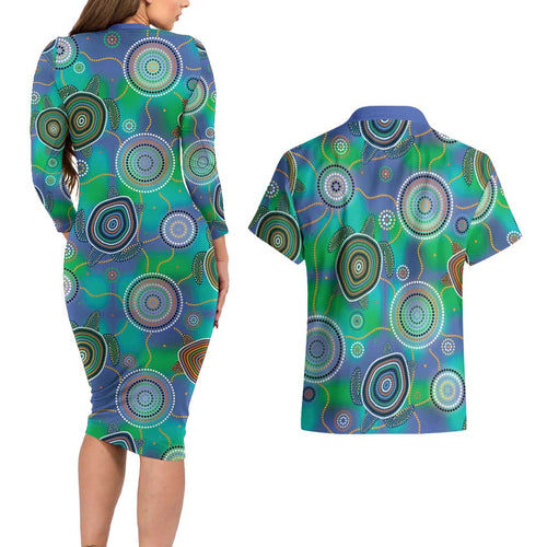 NAIDOC 50 Years of Deadly Couples Matching Long Sleeve Bodycon Dress and Hawaiian Shirt Sea Turtle Aboriginal Dot Art