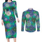 NAIDOC 50 Years of Deadly Couples Matching Long Sleeve Bodycon Dress and Long Sleeve Button Shirt Sea Turtle Aboriginal Dot Art