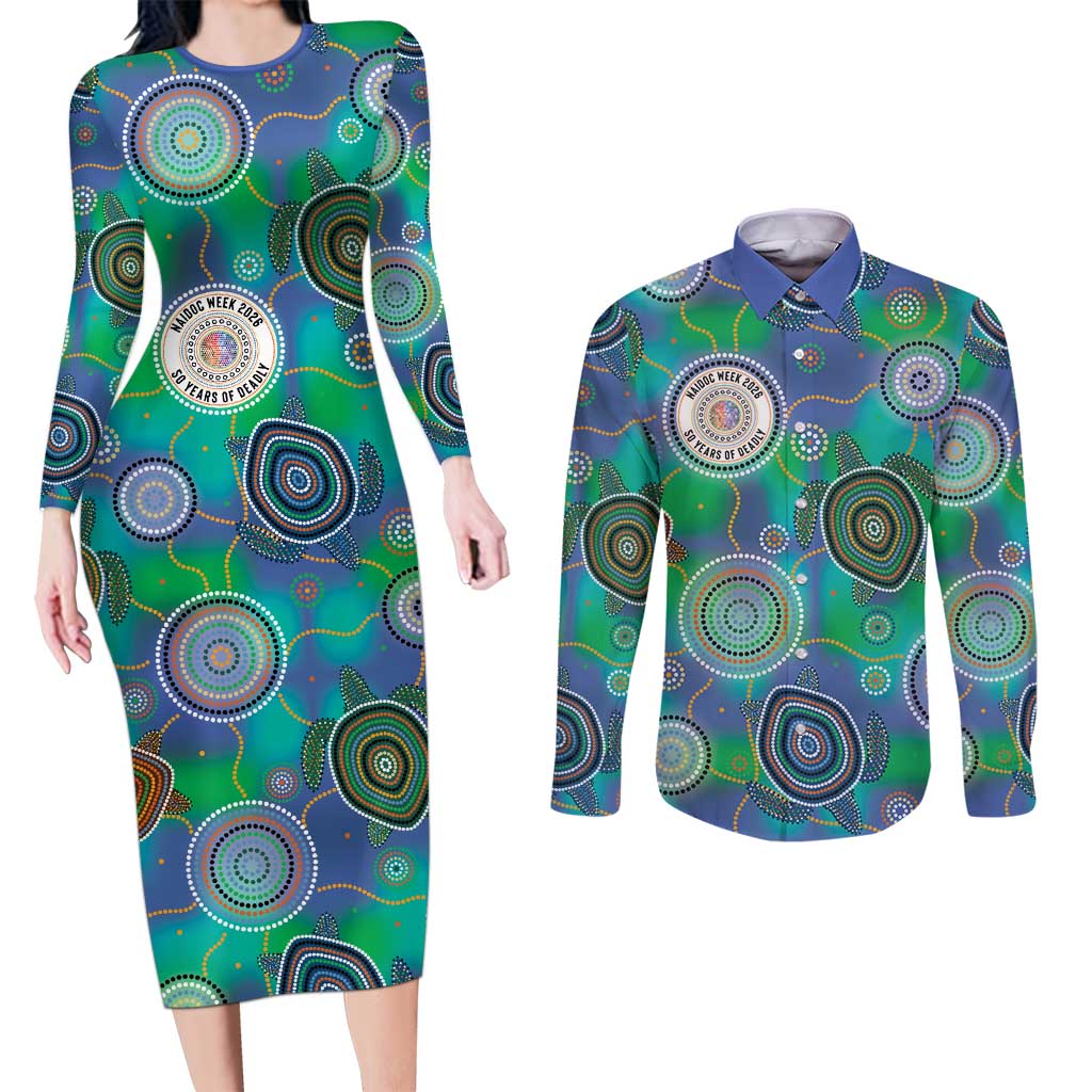 NAIDOC 50 Years of Deadly Couples Matching Long Sleeve Bodycon Dress and Long Sleeve Button Shirt Sea Turtle Aboriginal Dot Art