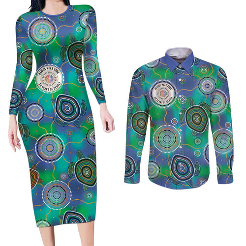 NAIDOC 50 Years of Deadly Couples Matching Long Sleeve Bodycon Dress and Long Sleeve Button Shirt Sea Turtle Aboriginal Dot Art