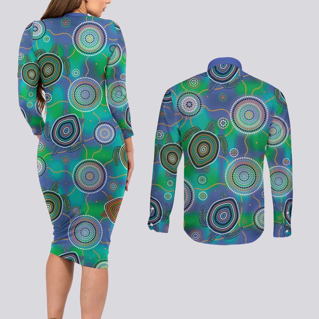 NAIDOC 50 Years of Deadly Couples Matching Long Sleeve Bodycon Dress and Long Sleeve Button Shirt Sea Turtle Aboriginal Dot Art