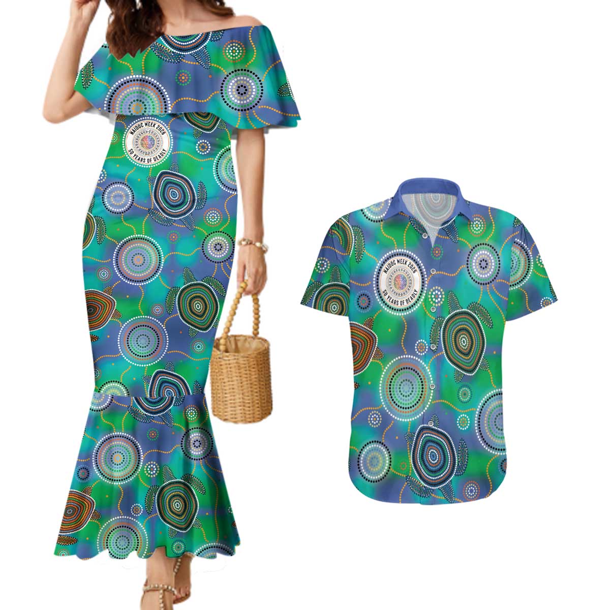 NAIDOC 50 Years of Deadly Couples Matching Mermaid Dress and Hawaiian Shirt Sea Turtle Aboriginal Dot Art