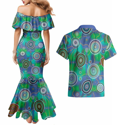 NAIDOC 50 Years of Deadly Couples Matching Mermaid Dress and Hawaiian Shirt Sea Turtle Aboriginal Dot Art