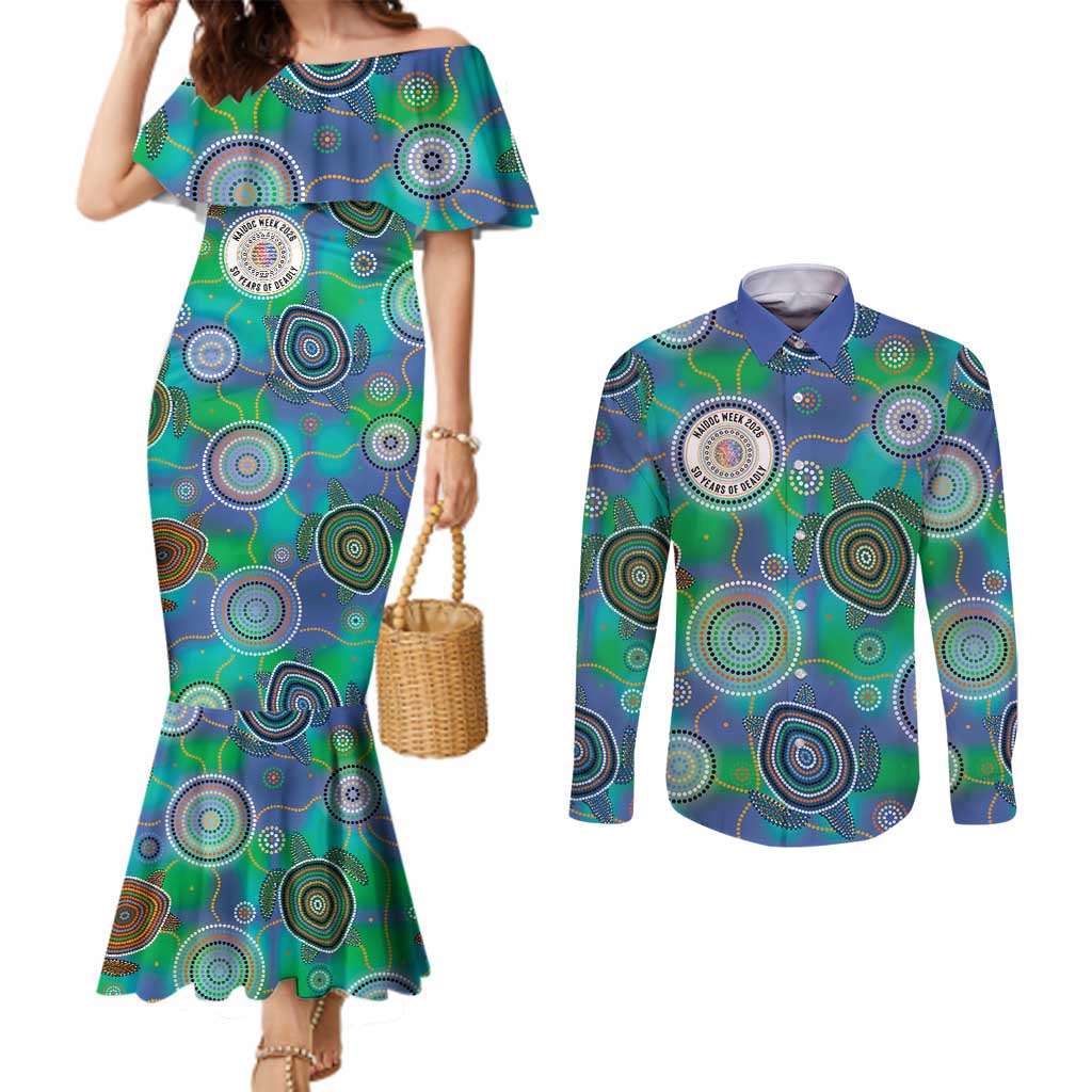 NAIDOC 50 Years of Deadly Couples Matching Mermaid Dress and Long Sleeve Button Shirt Sea Turtle Aboriginal Dot Art