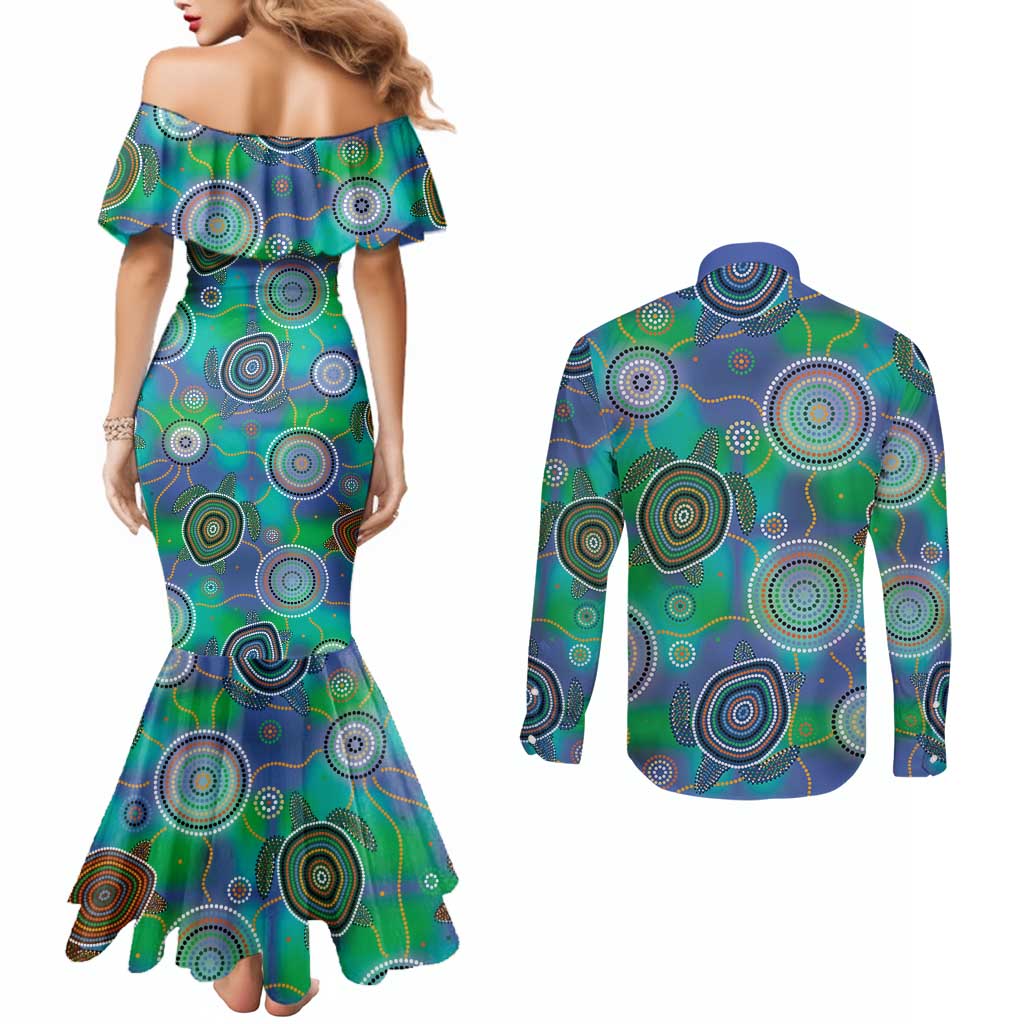 NAIDOC 50 Years of Deadly Couples Matching Mermaid Dress and Long Sleeve Button Shirt Sea Turtle Aboriginal Dot Art