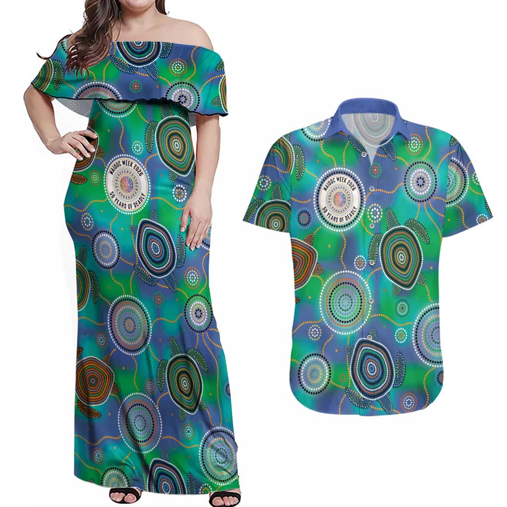 NAIDOC 50 Years of Deadly Couples Matching Off Shoulder Maxi Dress and Hawaiian Shirt Sea Turtle Aboriginal Dot Art