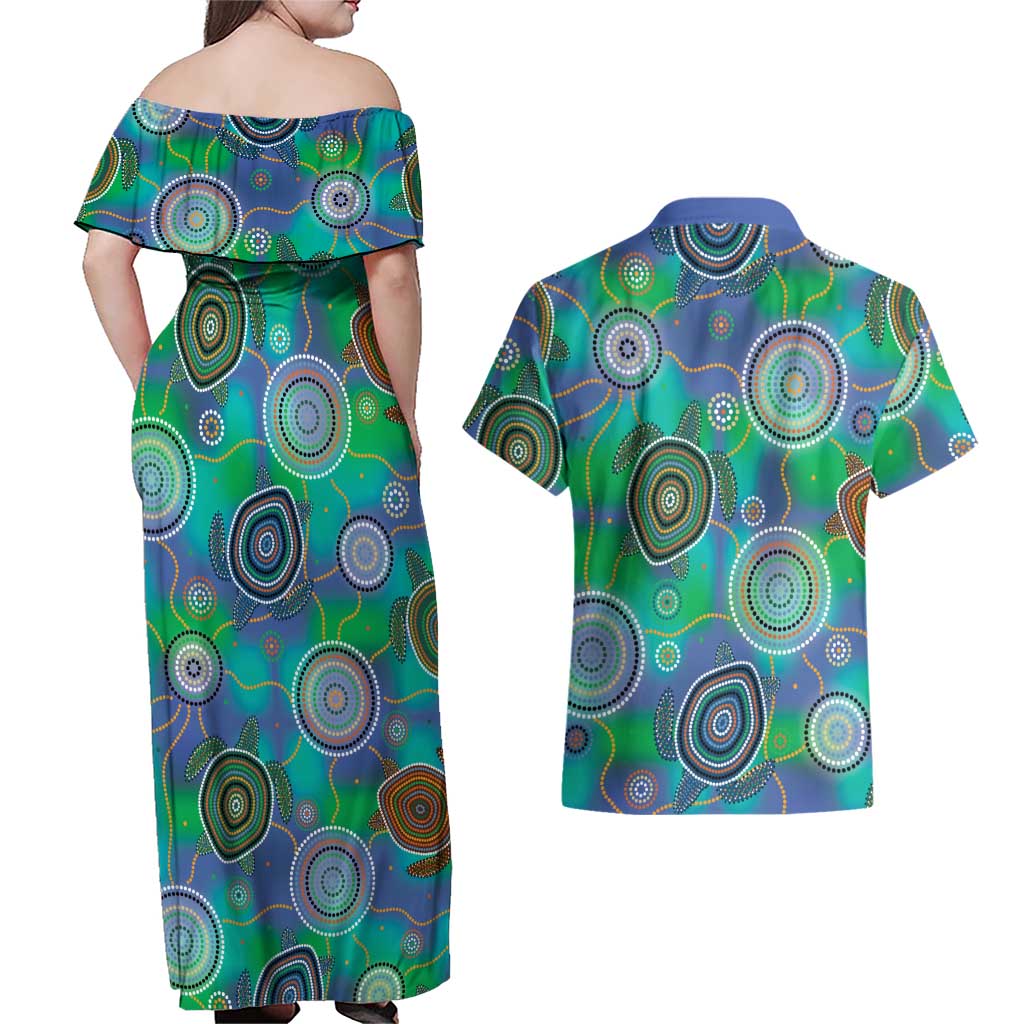 NAIDOC 50 Years of Deadly Couples Matching Off Shoulder Maxi Dress and Hawaiian Shirt Sea Turtle Aboriginal Dot Art