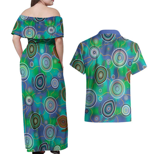 NAIDOC 50 Years of Deadly Couples Matching Off Shoulder Maxi Dress and Hawaiian Shirt Sea Turtle Aboriginal Dot Art