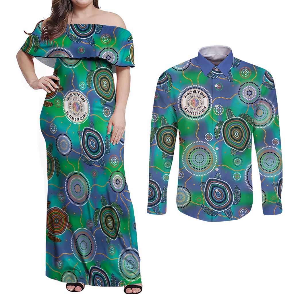 NAIDOC 50 Years of Deadly Couples Matching Off Shoulder Maxi Dress and Long Sleeve Button Shirt Sea Turtle Aboriginal Dot Art