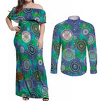 NAIDOC 50 Years of Deadly Couples Matching Off Shoulder Maxi Dress and Long Sleeve Button Shirt Sea Turtle Aboriginal Dot Art