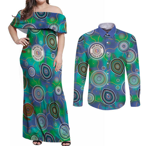 NAIDOC 50 Years of Deadly Couples Matching Off Shoulder Maxi Dress and Long Sleeve Button Shirt Sea Turtle Aboriginal Dot Art