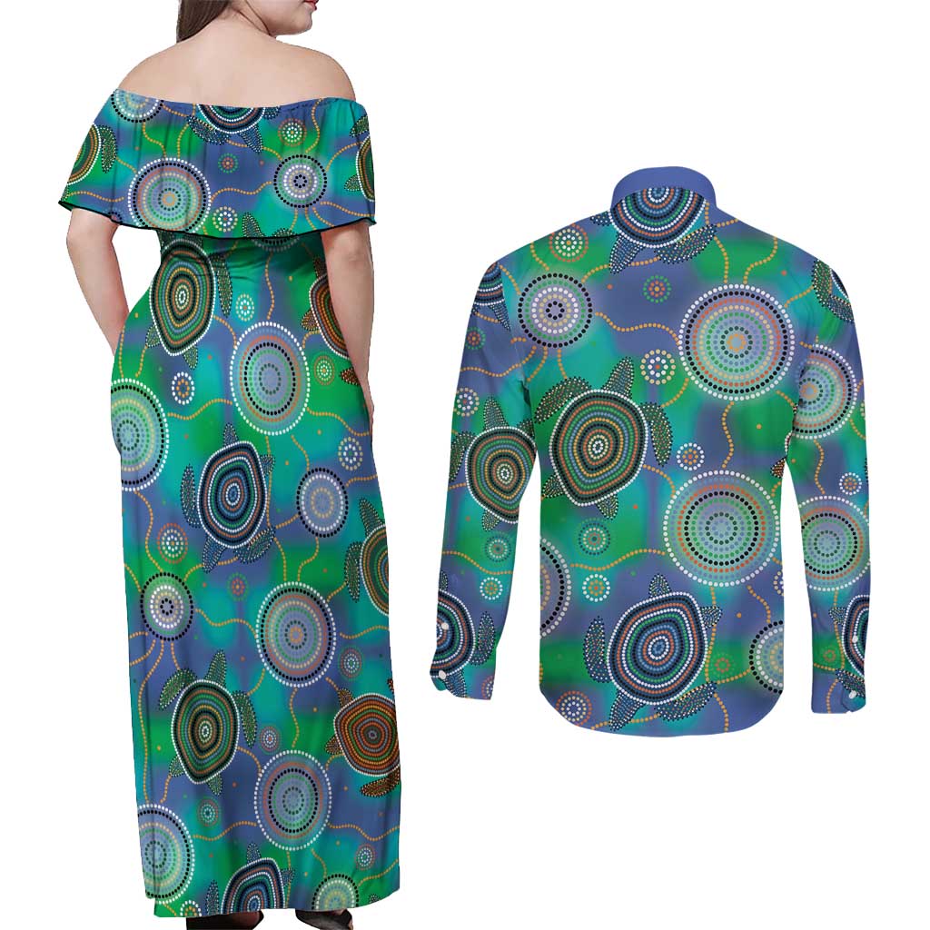 NAIDOC 50 Years of Deadly Couples Matching Off Shoulder Maxi Dress and Long Sleeve Button Shirt Sea Turtle Aboriginal Dot Art