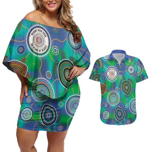 NAIDOC 50 Years of Deadly Couples Matching Off Shoulder Short Dress and Hawaiian Shirt Sea Turtle Aboriginal Dot Art