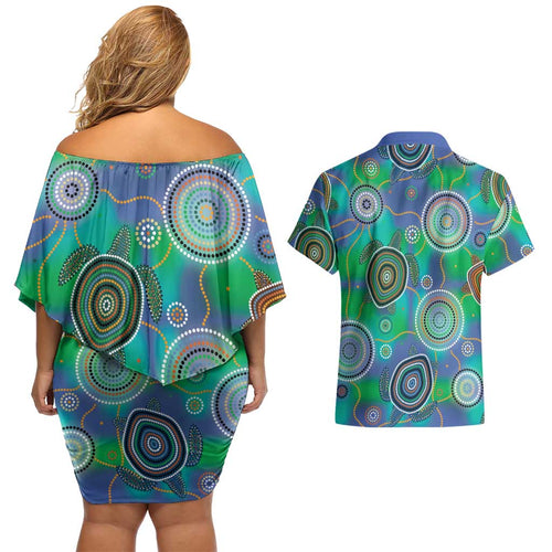 NAIDOC 50 Years of Deadly Couples Matching Off Shoulder Short Dress and Hawaiian Shirt Sea Turtle Aboriginal Dot Art