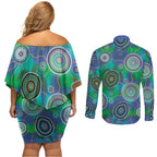 NAIDOC 50 Years of Deadly Couples Matching Off Shoulder Short Dress and Long Sleeve Button Shirt Sea Turtle Aboriginal Dot Art
