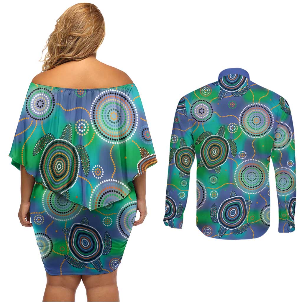 NAIDOC 50 Years of Deadly Couples Matching Off Shoulder Short Dress and Long Sleeve Button Shirt Sea Turtle Aboriginal Dot Art