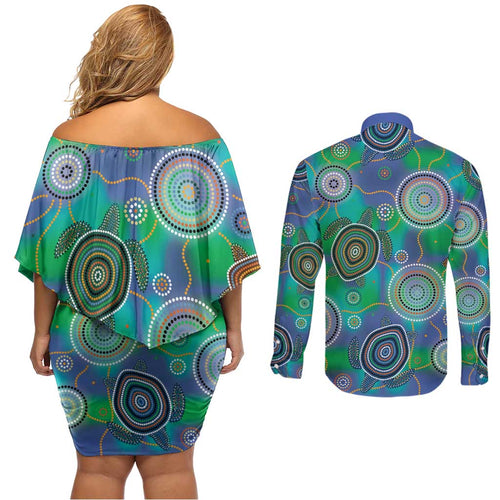 NAIDOC 50 Years of Deadly Couples Matching Off Shoulder Short Dress and Long Sleeve Button Shirt Sea Turtle Aboriginal Dot Art